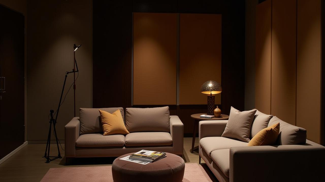 Acogedora área de descanso para clientes con sofá y mesa.