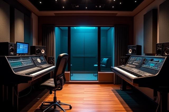 Moderno estudio de audio con equipos de grabación de alta calidad y luces cálidas.