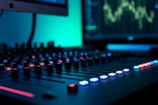 Mesa de mezcla y software de edición de audio en una pantalla, representando la edición y mezcla de sonido.